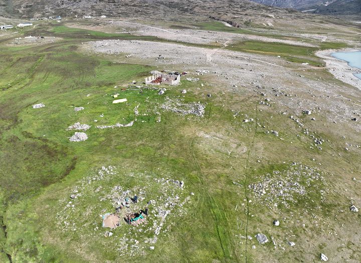 The church ruins at Qinngua in southern Greenland, with the square cemetery wall in the foreground